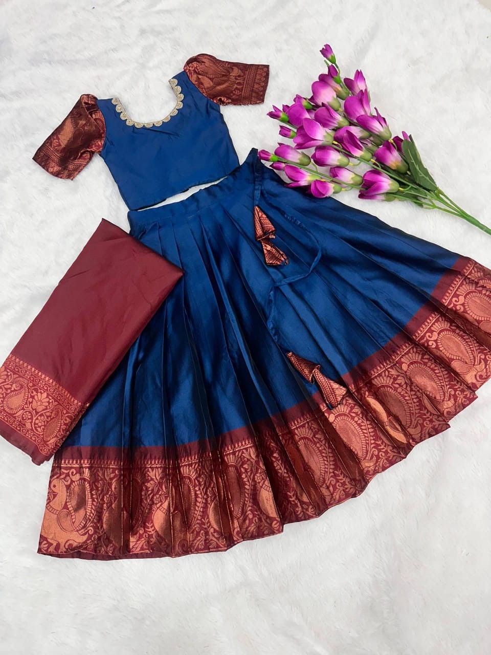 Royal Blue Lichi Silk Kids Lehenga
